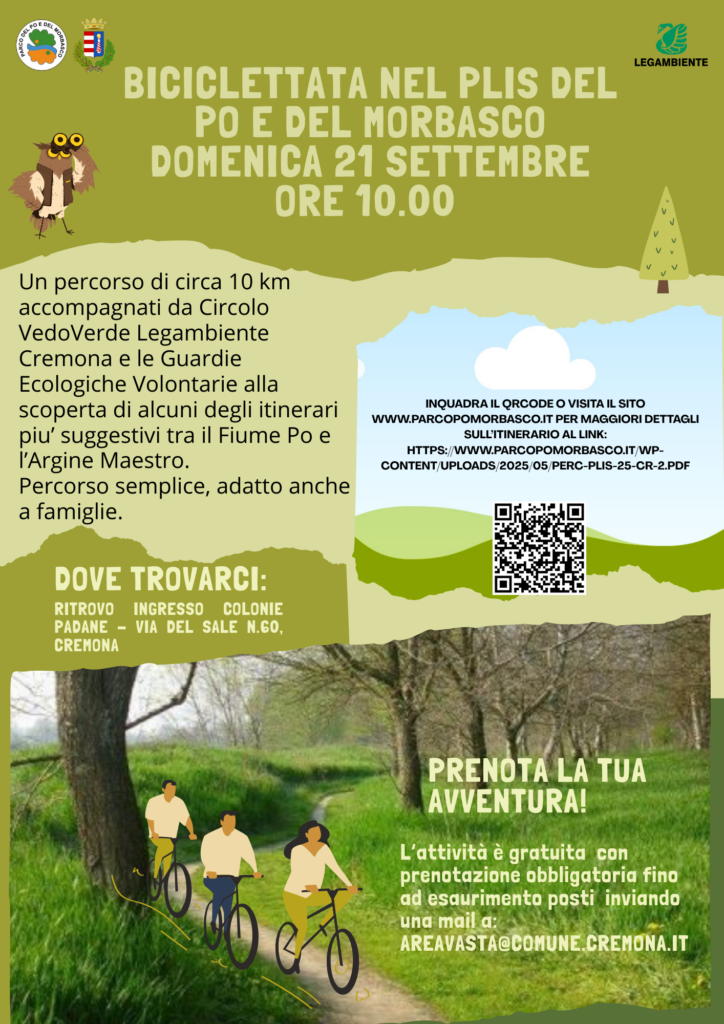 BICICLETTATA NEL PLIS DEL PO E DEL MORBASCO – DOMENICA 21 SETTEMBRE ORE 10.00 (partenza dalle Colonie Padane, v. del Sale n.60 Cremona)