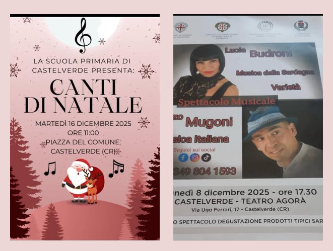 NATALE A CASTELVERDE – Lunedì 8 dicembre ore 17.30 con la Musica Italiana  Martedì 16 dicembre con i CANTI DI NATALE